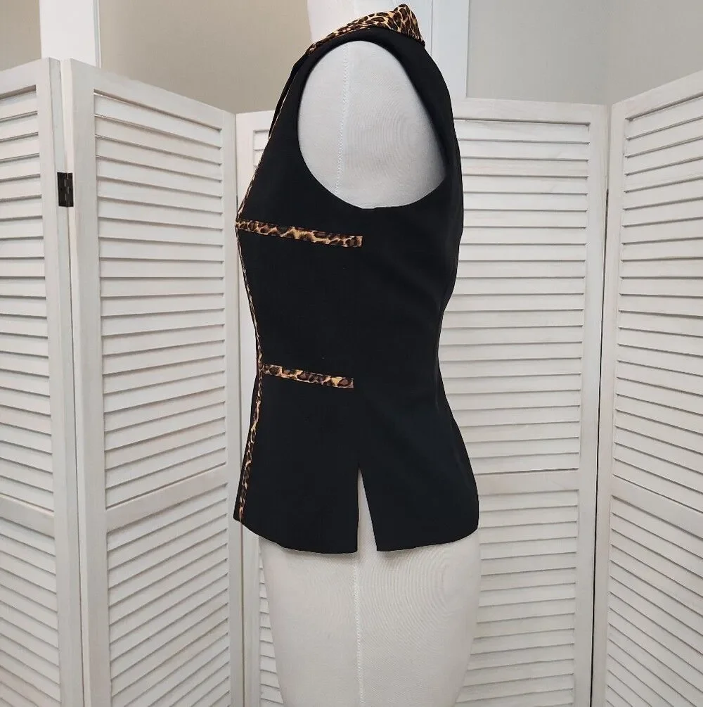 Danny & Nicole Black Sleeveless Jacket with Leopard-Print Trim Size 8P